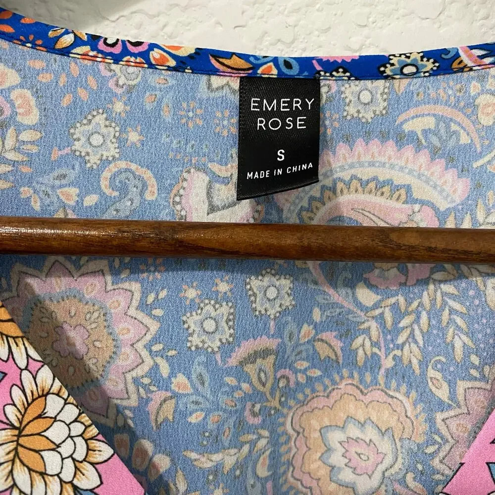 Emery Rose Floral Paisley Maxi Dress Boho Tulip Sleeve Blue Pink - Picture 5 of 11